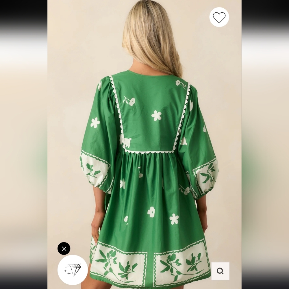 Entro NWT Glorious Green Babydoll Dress Stamped Floral Spring Mini Sz 1X - Picture 3 of 10